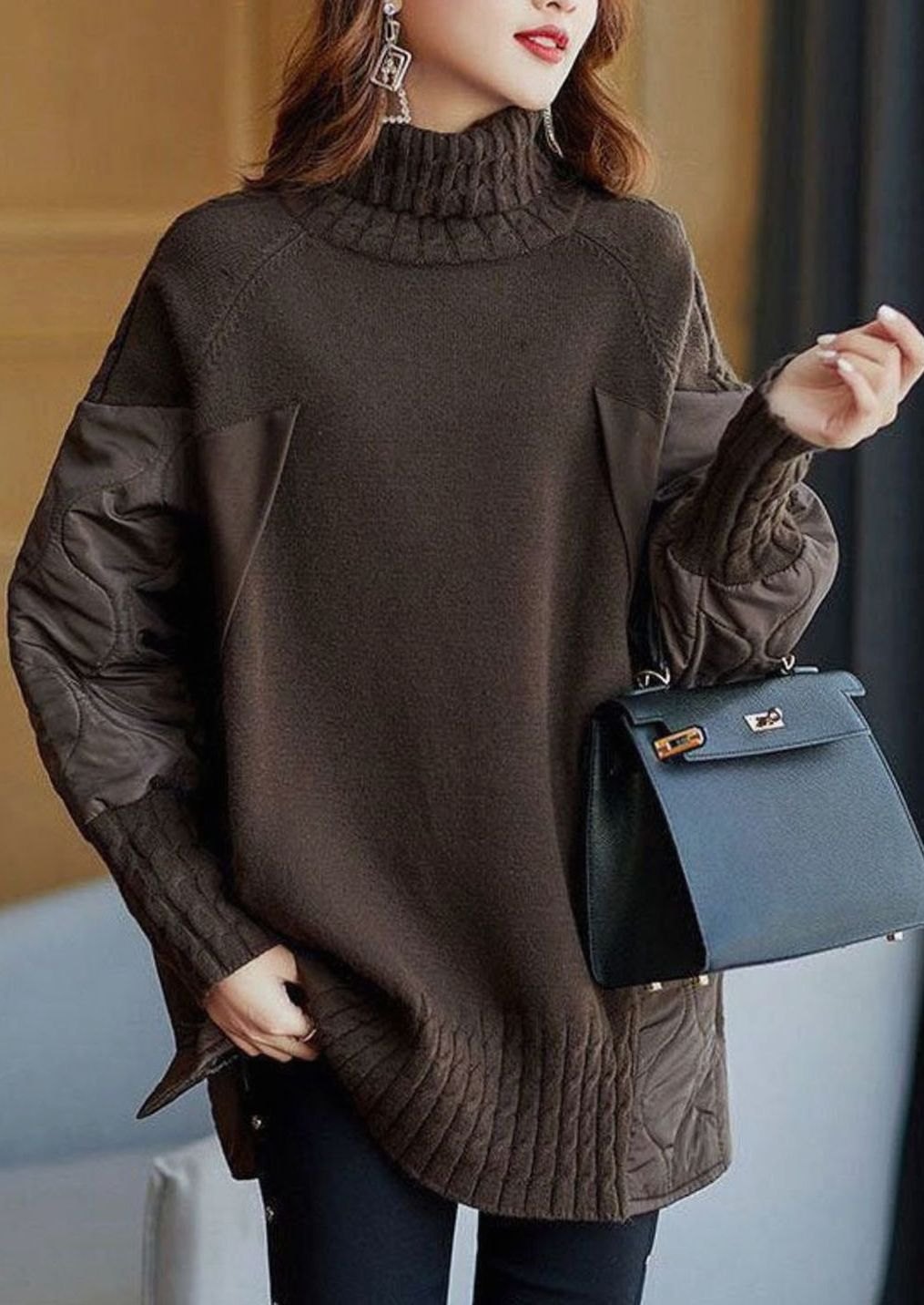 Women's Patchwork Turtleneck Jumper Relaxed Quilted Knit