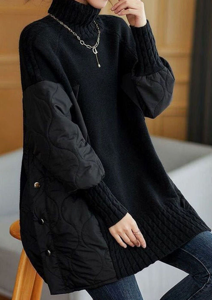 Women's Patchwork Turtleneck Jumper Relaxed Quilted Knit