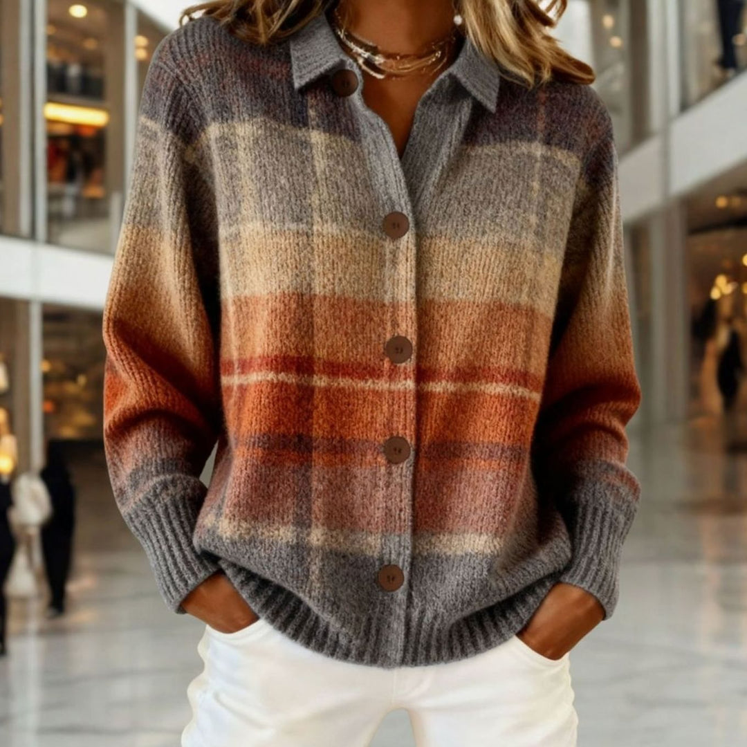 Women's Plaid Collared Button-Down Knit Cardigan Sweater - Multicolour
