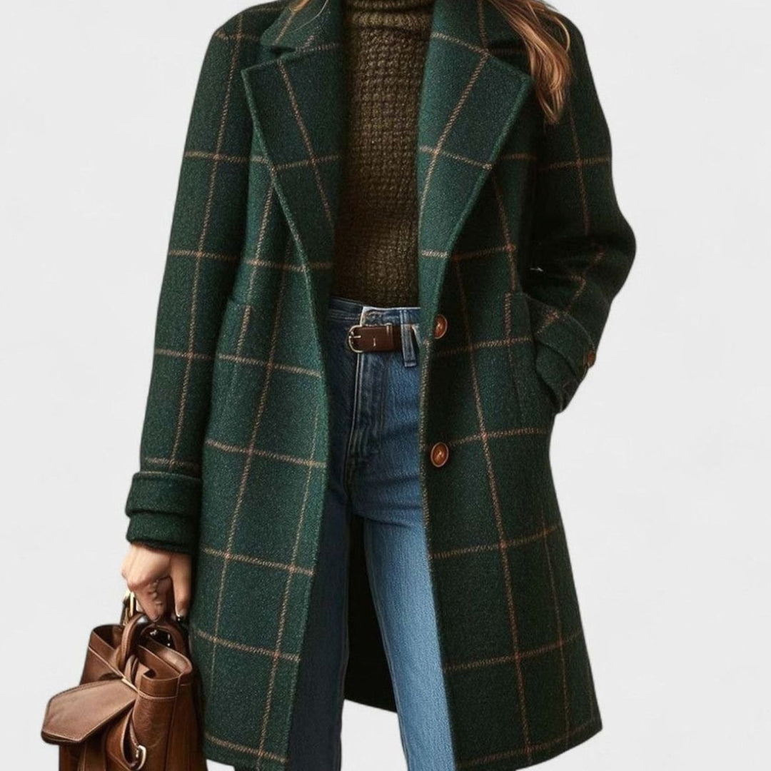 Women's Plaid Wool-Blend Longline Notch-Lapel Coat - Dark Green