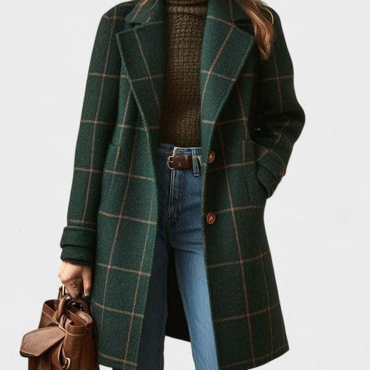 Women's Plaid Wool-Blend Longline Notch-Lapel Coat - Dark Green