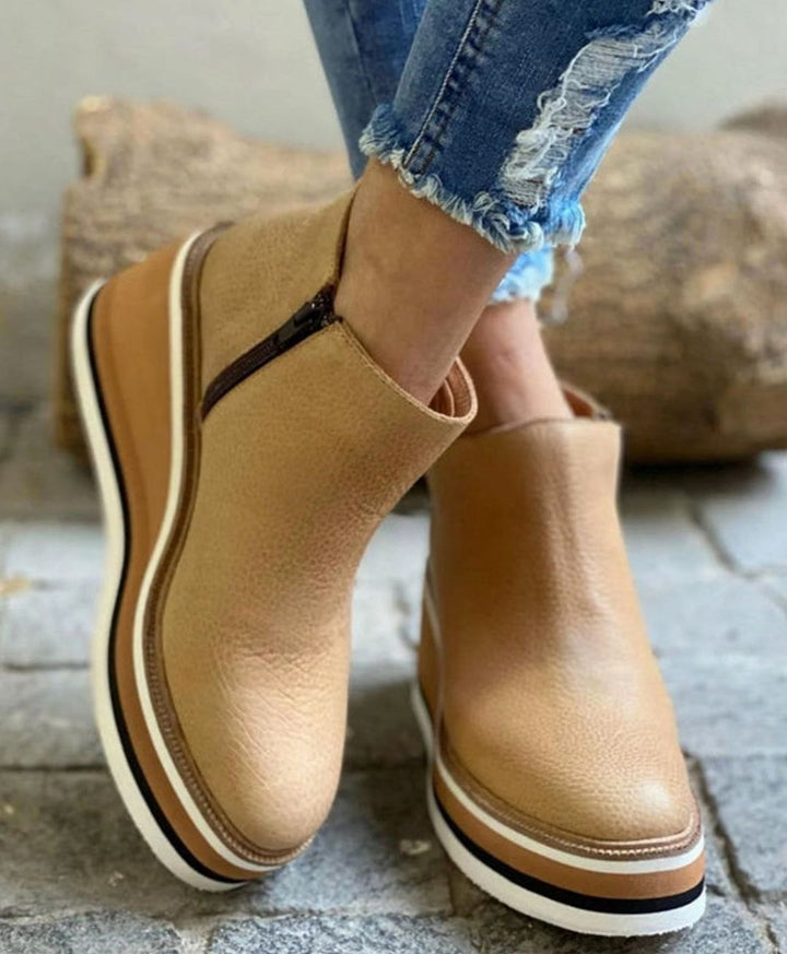 Women's Platform Wedge Zip-Up Ankle Boots - Khaki