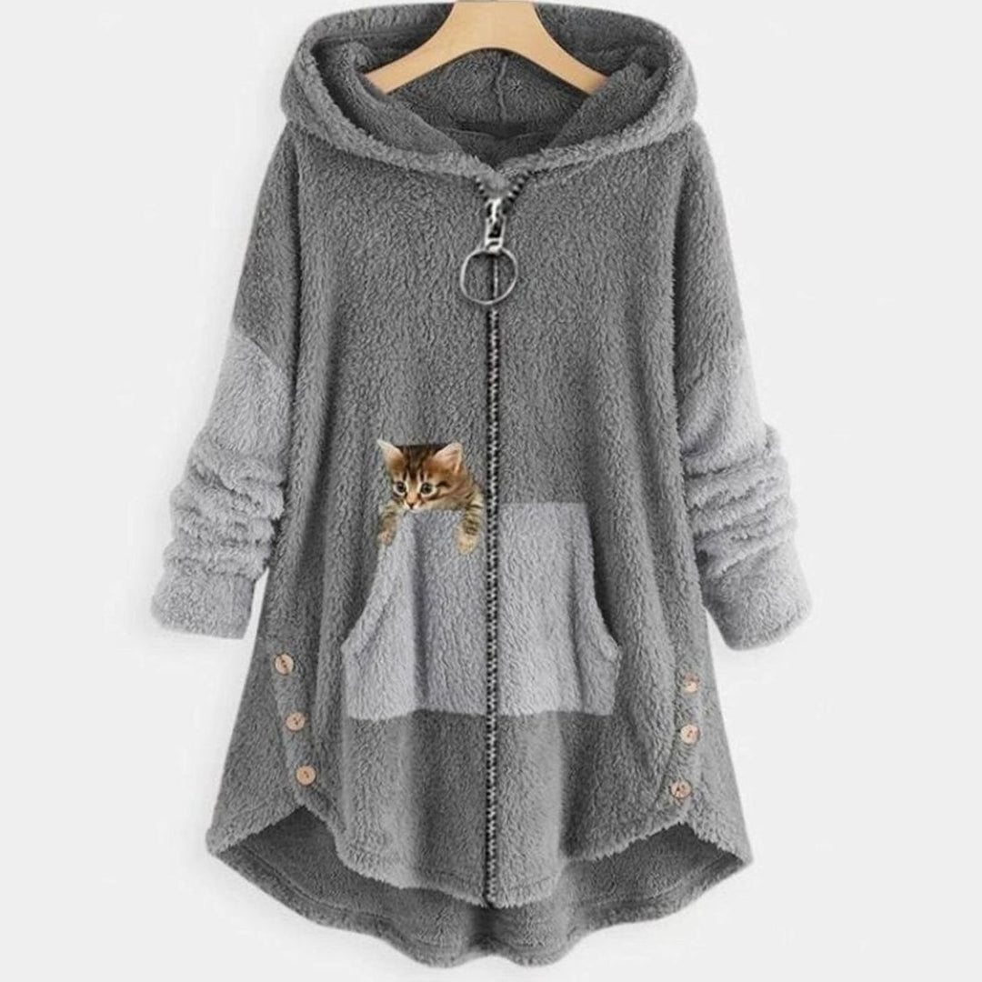 Women's Plush Fleece Full-Zip Hooded Cat Graphic Hoodie - Grey