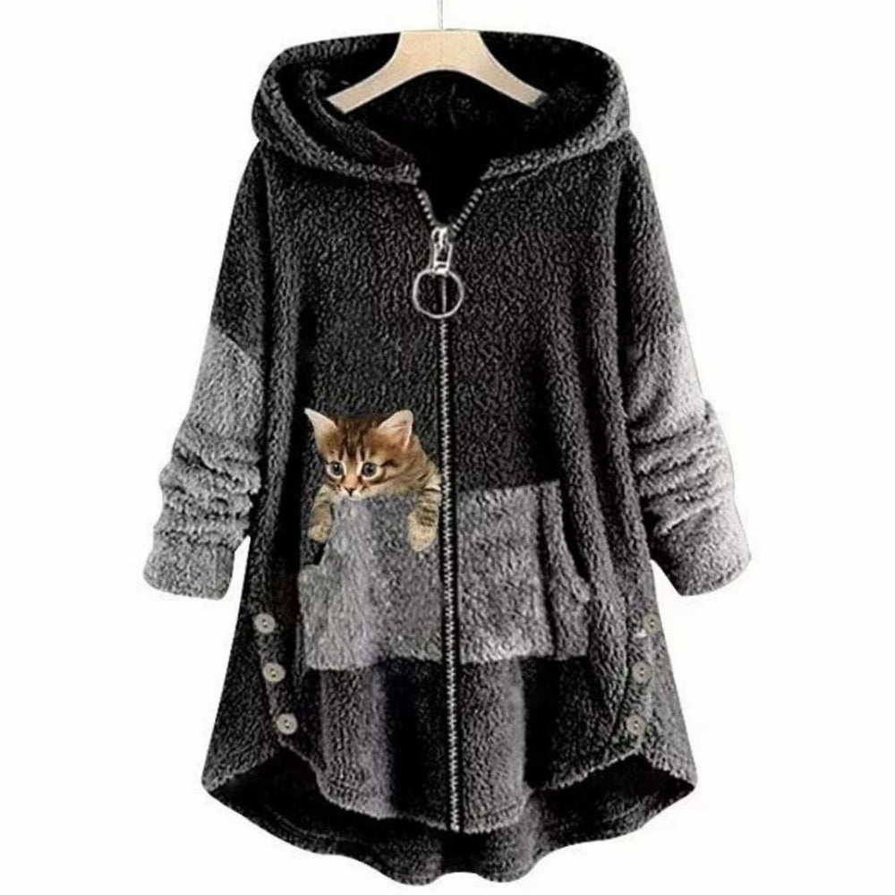 Women's Plush Fleece Full-Zip Hooded Cat Graphic Hoodie - Dark Grey