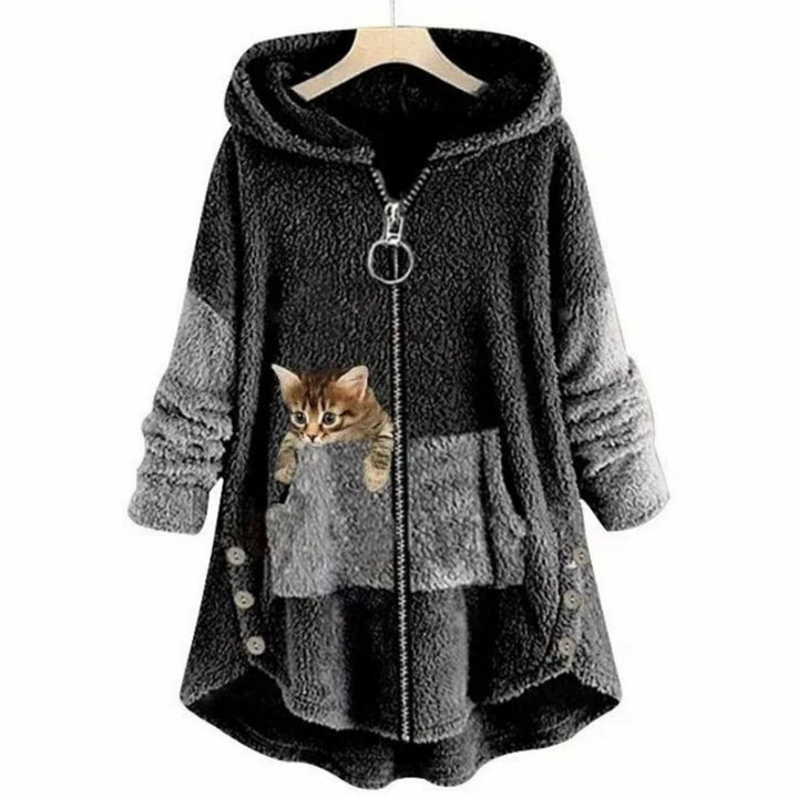 Women's Plush Fleece Full-Zip Hooded Cat Graphic Hoodie - Dark Grey