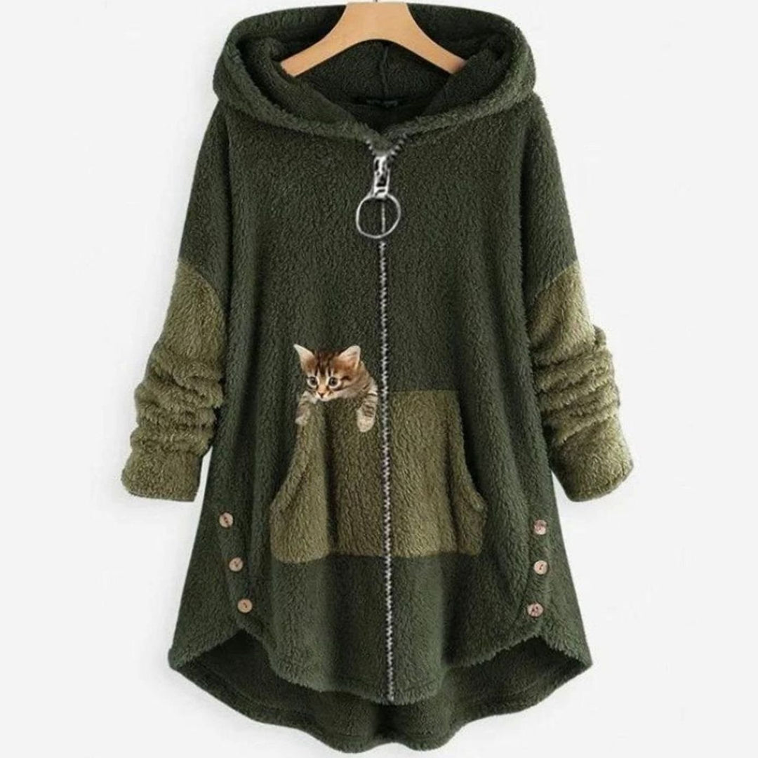 Women's Plush Fleece Full-Zip Hooded Cat Graphic Hoodie - Green
