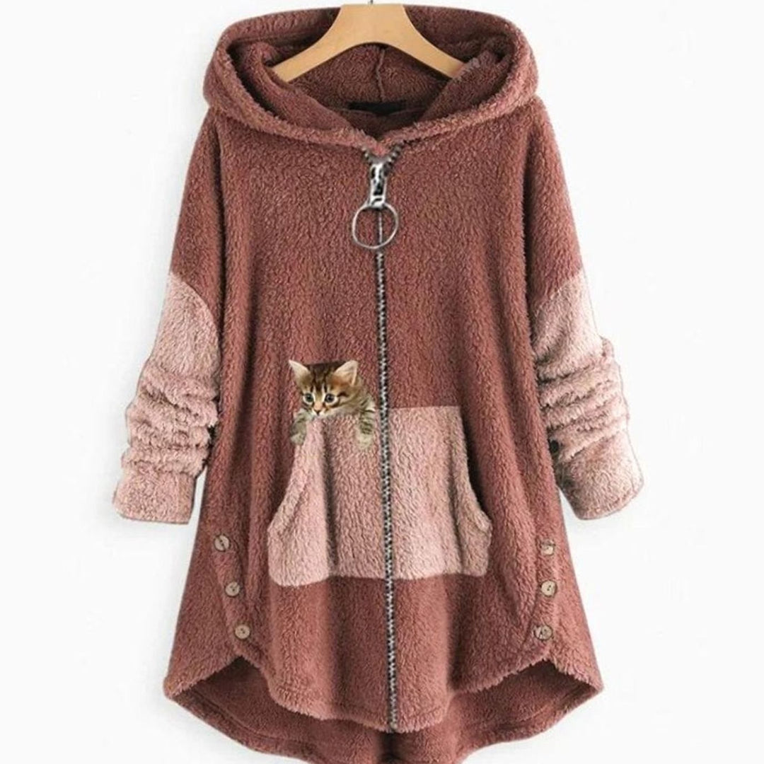 Women's Plush Fleece Full-Zip Hooded Cat Graphic Hoodie - Pink