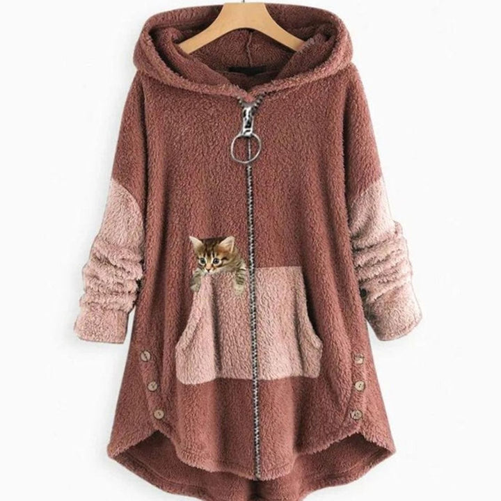 Women's Plush Fleece Full-Zip Hooded Cat Graphic Hoodie - Pink