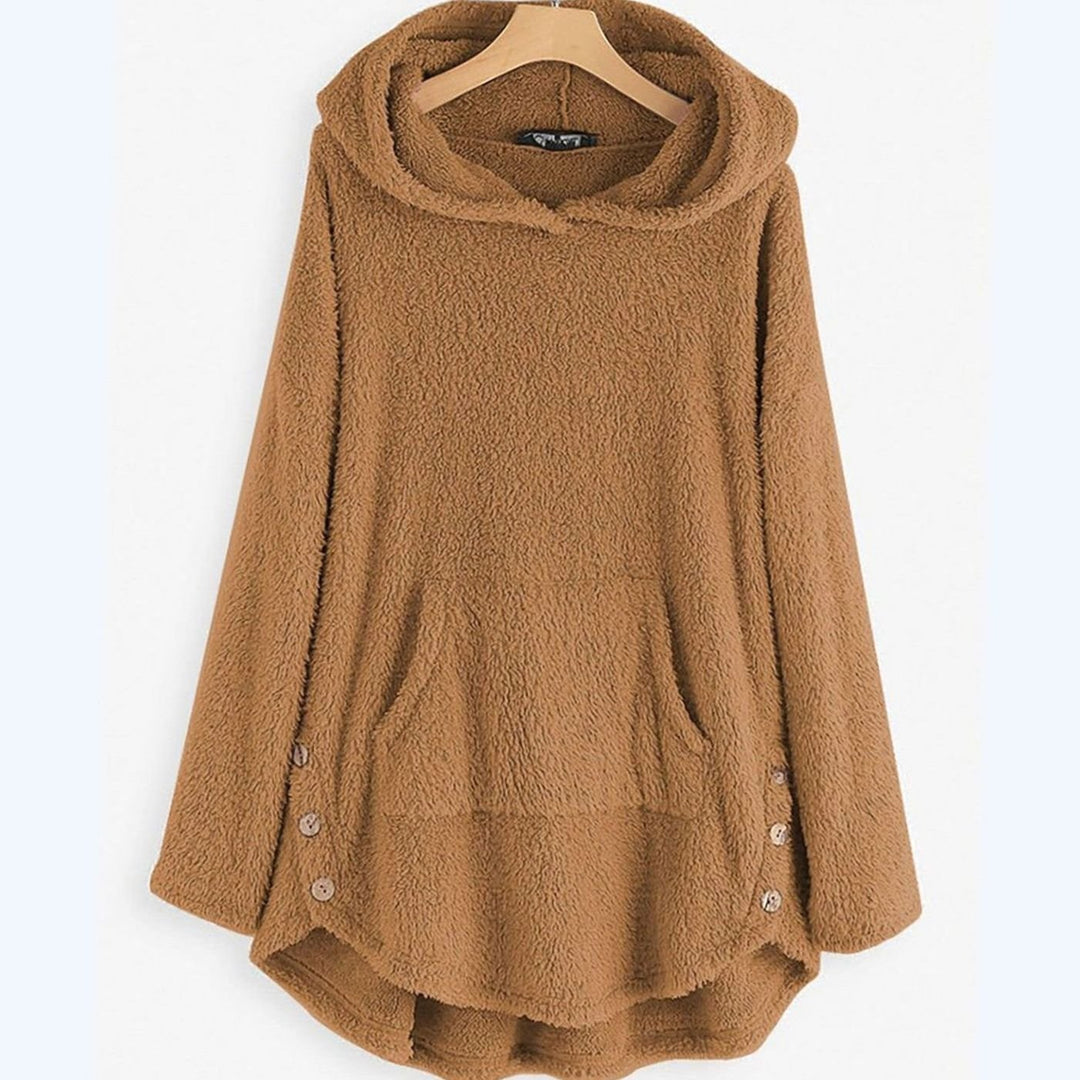 Women's Plush Fleece Full-Zip Hooded Cat Graphic Hoodie - Beige