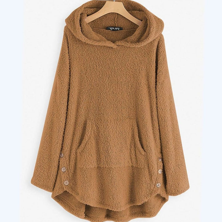 Women's Plush Fleece Full-Zip Hooded Cat Graphic Hoodie - Beige