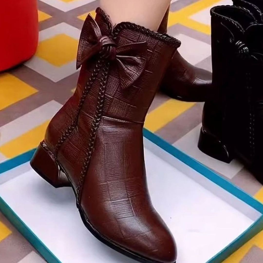 Women's Pointed-Toe Block-Heel Bow-Detail Mid-Calf Boots - Brown