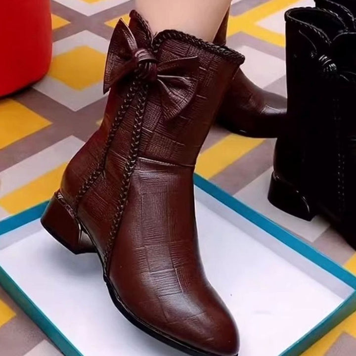 Women's Pointed-Toe Block-Heel Bow-Detail Mid-Calf Boots - Brown