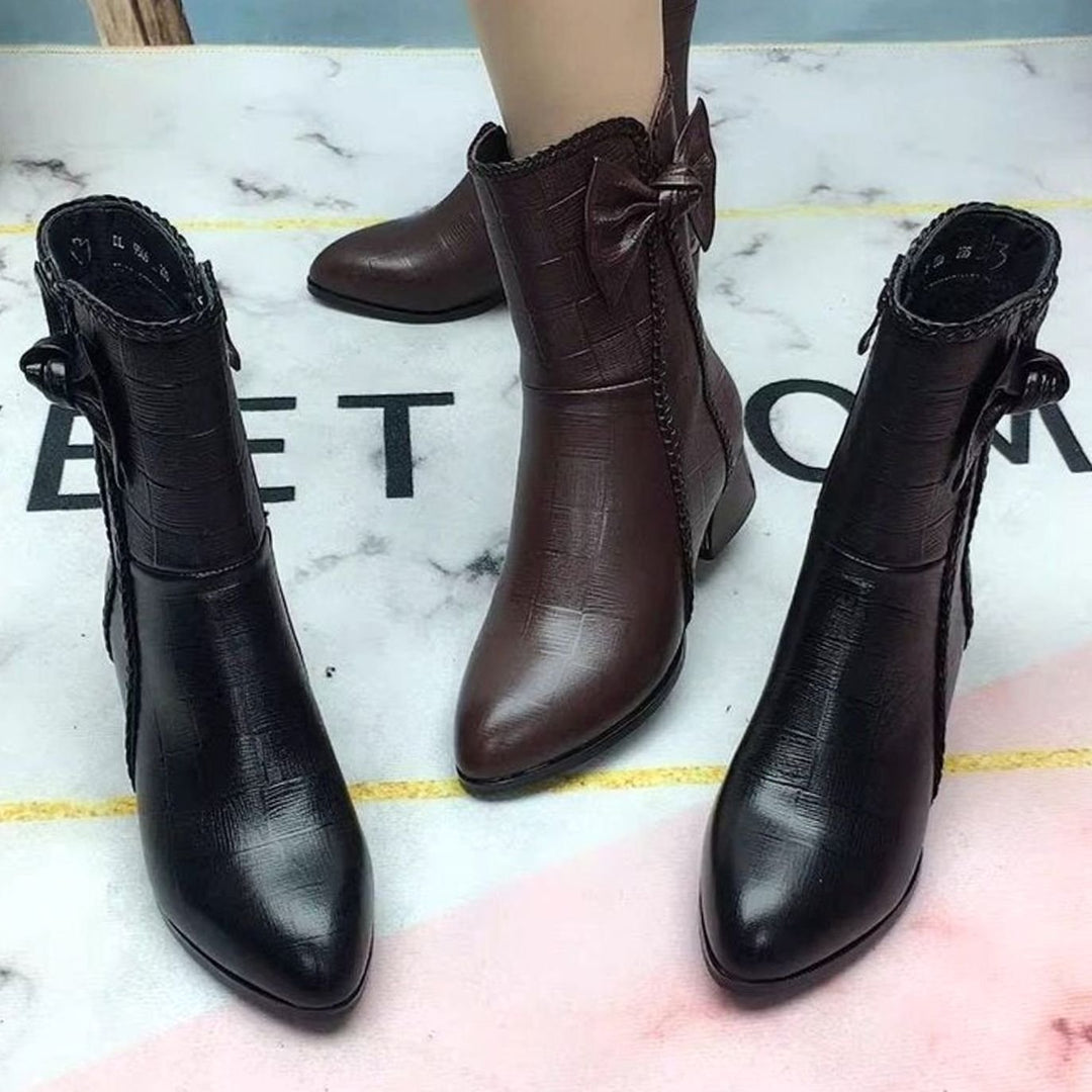 Women's Pointed-Toe Block-Heel Bow-Detail Mid-Calf Boots