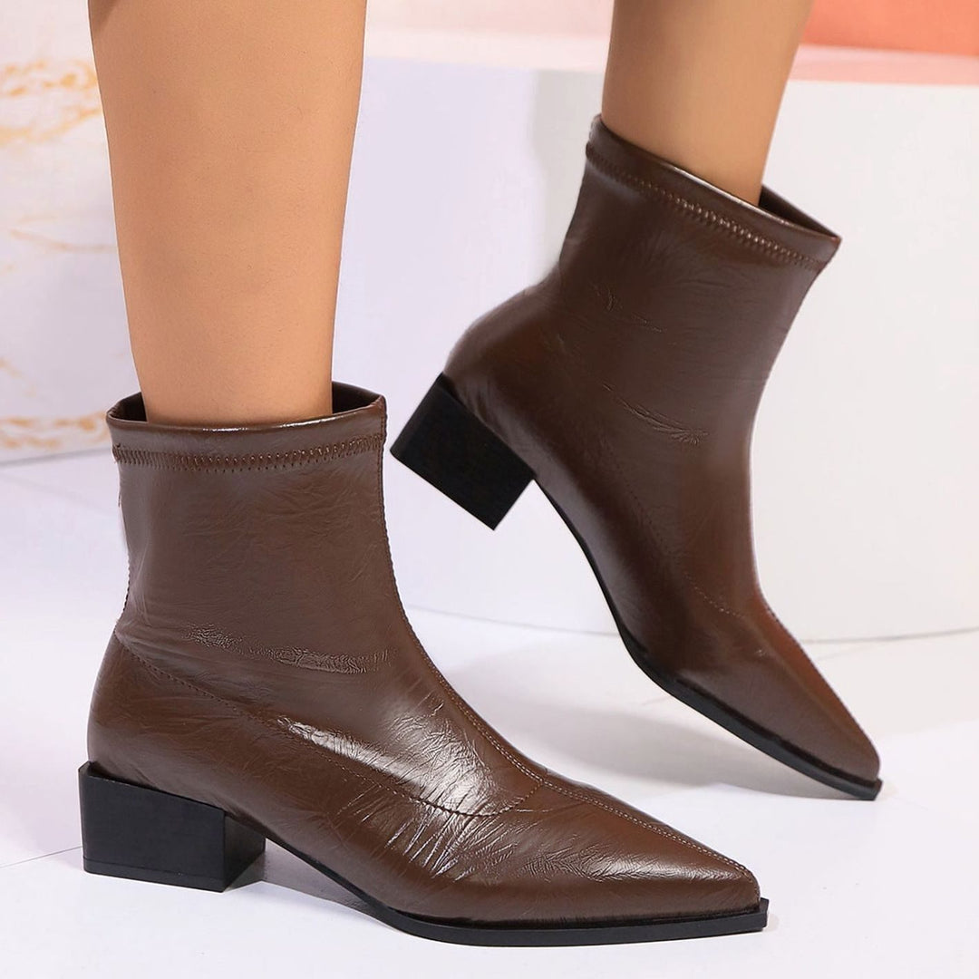 Women's Pointed-Toe Block-Heel Faux Leather Ankle Boots - Dark Brown