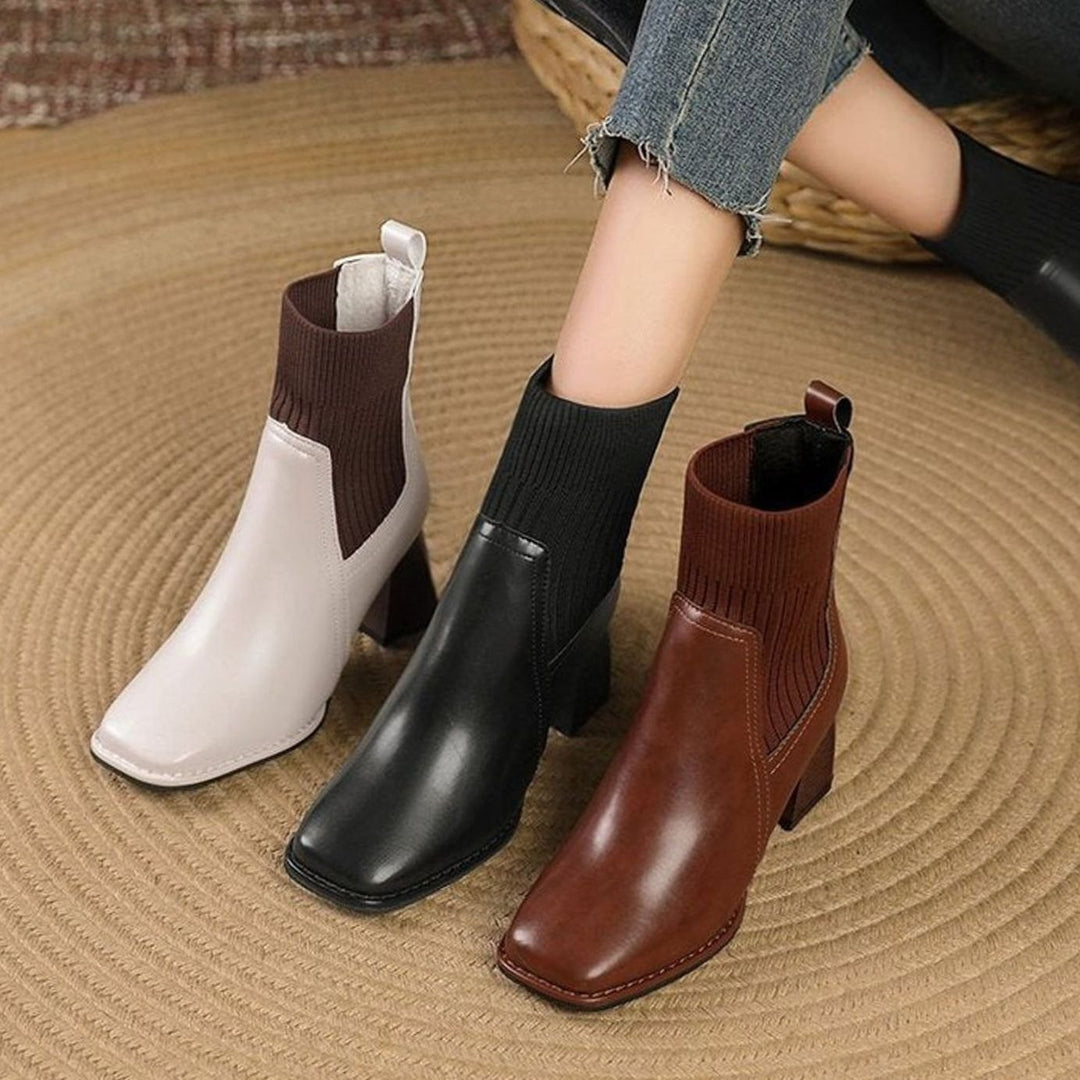 Women's Pointed-Toe Block-Heel Knit-Panel Ankle Boots