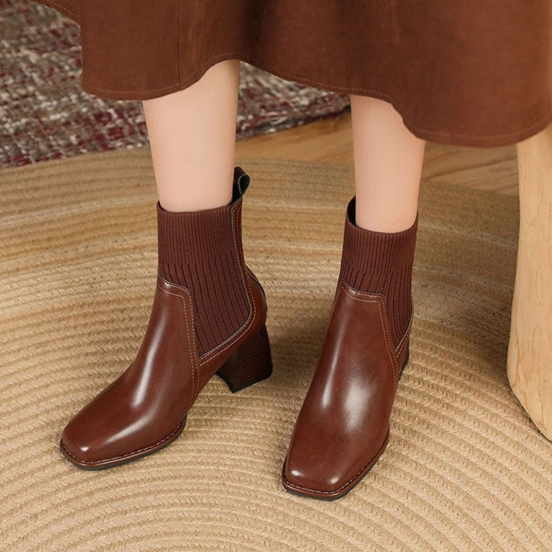 Women's Pointed-Toe Block-Heel Knit-Panel Ankle Boots - Dark Brown