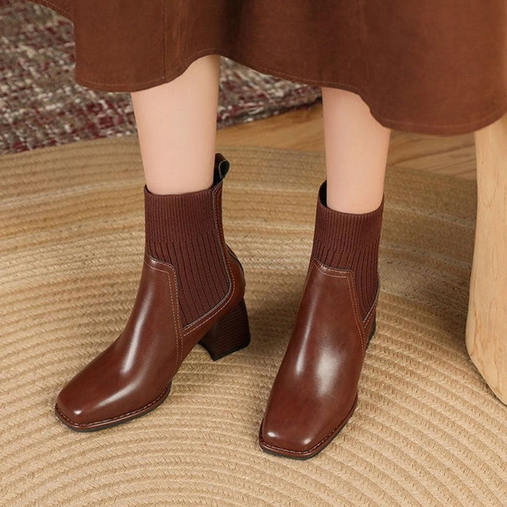 Women's Pointed-Toe Block-Heel Knit-Panel Ankle Boots - Dark Brown