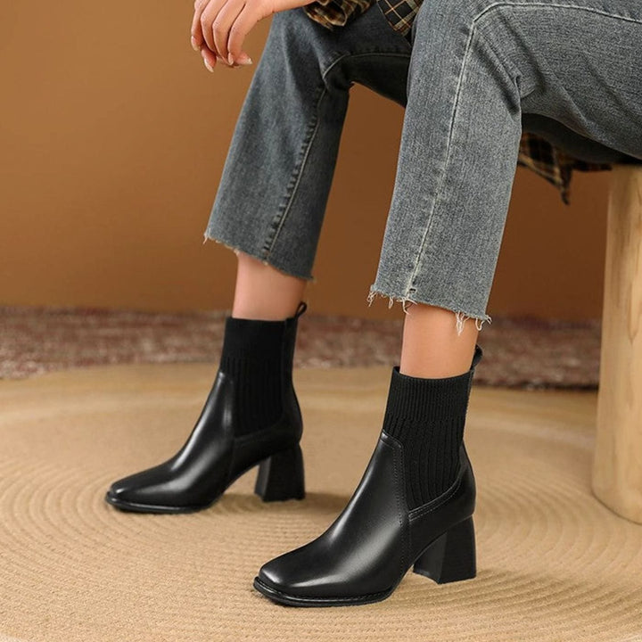 Women's Pointed-Toe Block-Heel Knit-Panel Ankle Boots - Black
