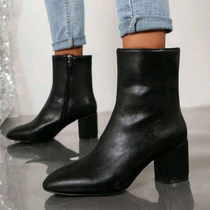 Women's Pointed-Toe Block Heel Side-Zip Ankle Boots - Black