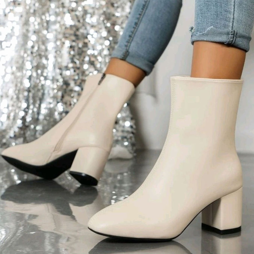 Women's Pointed-Toe Block Heel Side-Zip Ankle Boots - Beige