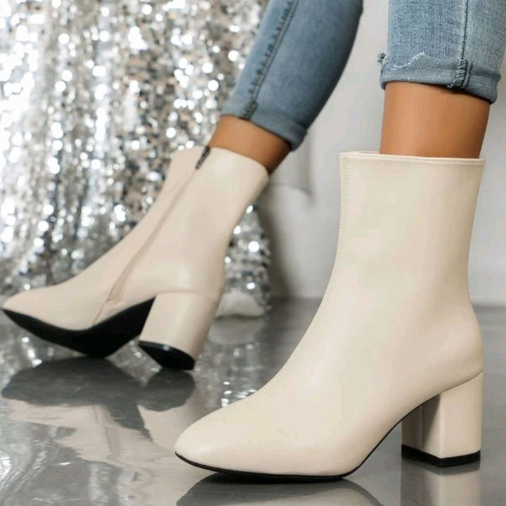 Women's Pointed-Toe Block Heel Side-Zip Ankle Boots - Beige