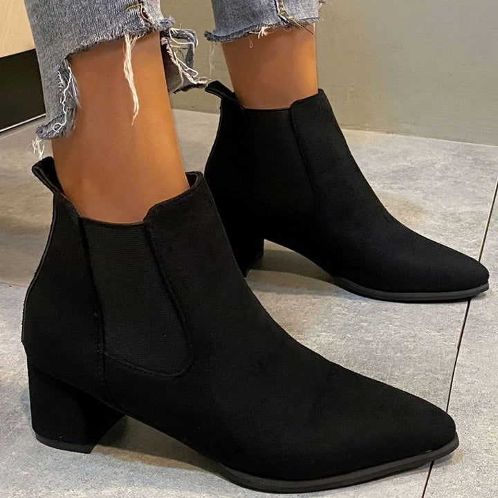 Women's Pointed-Toe Block-Heel Slip-On Suede Ankle Boots - Black