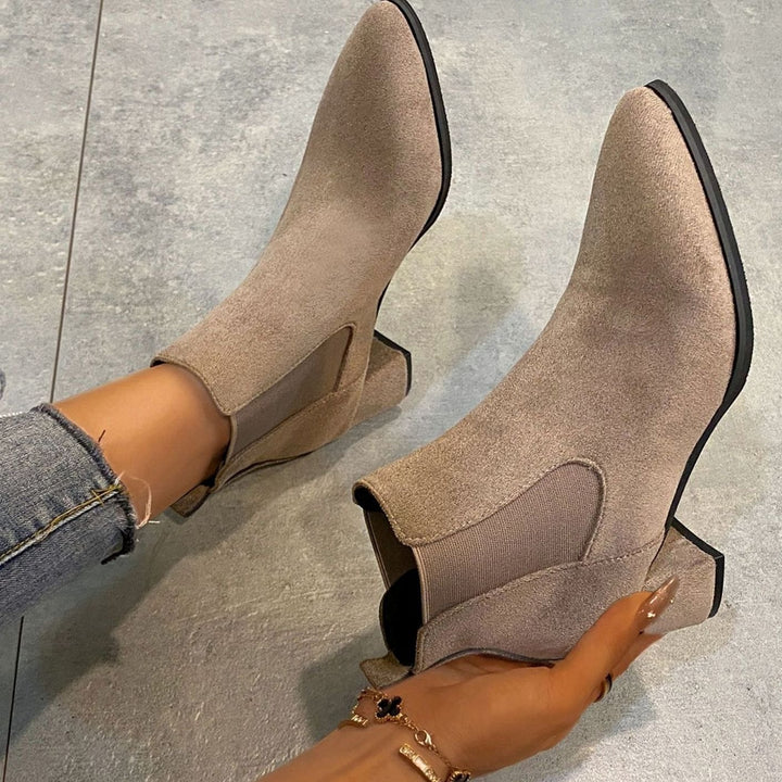 Women's Pointed-Toe Block-Heel Slip-On Suede Ankle Boots - Khaki