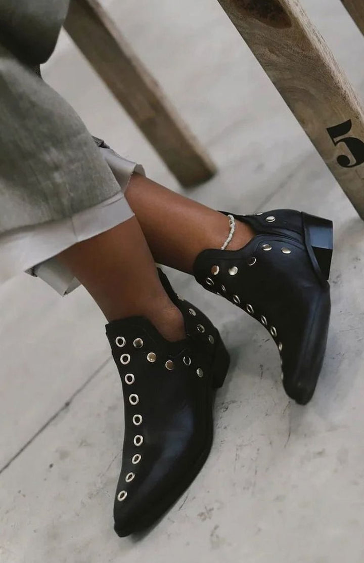 Women's Pointed-Toe Gold Eyelet Low-Heel Ankle Boots - Black