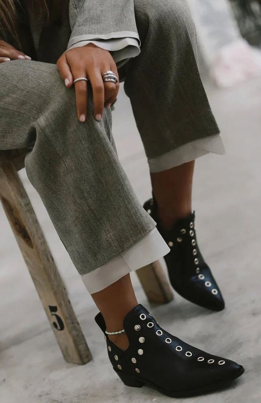 Women's Pointed-Toe Gold Eyelet Low-Heel Ankle Boots