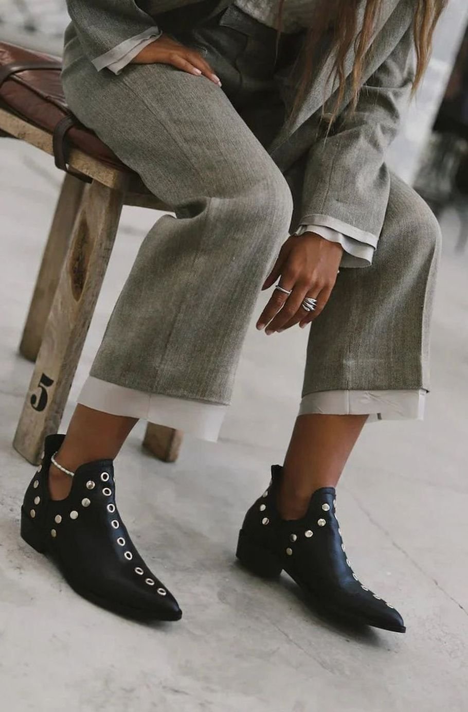 Women's Pointed-Toe Gold Eyelet Low-Heel Ankle Boots
