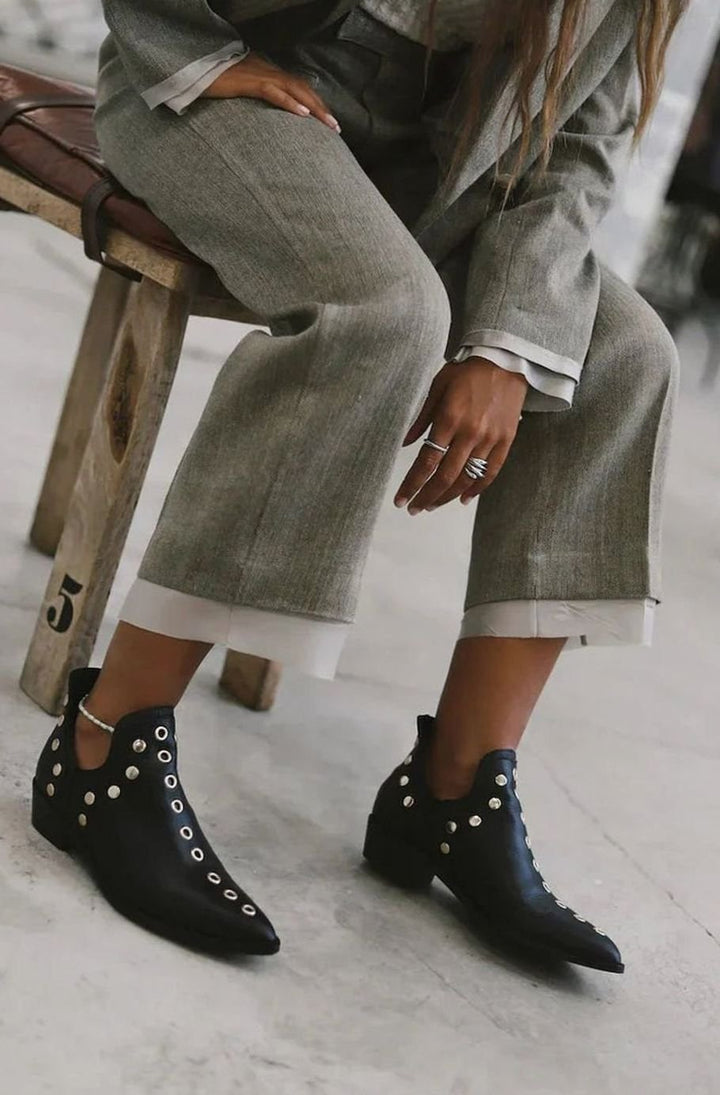 Women's Pointed-Toe Gold Eyelet Low-Heel Ankle Boots