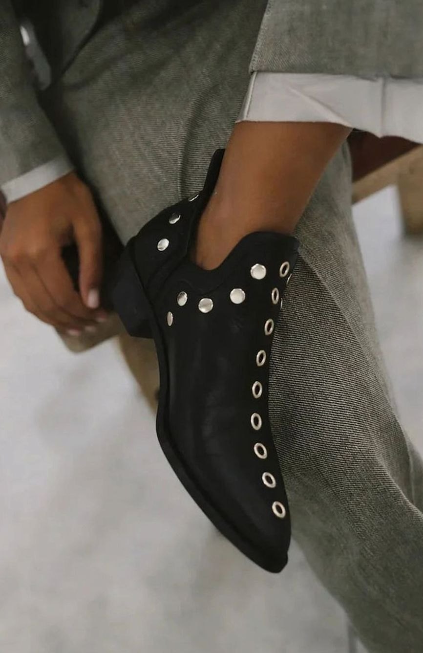 Women's Pointed-Toe Gold Eyelet Low-Heel Ankle Boots