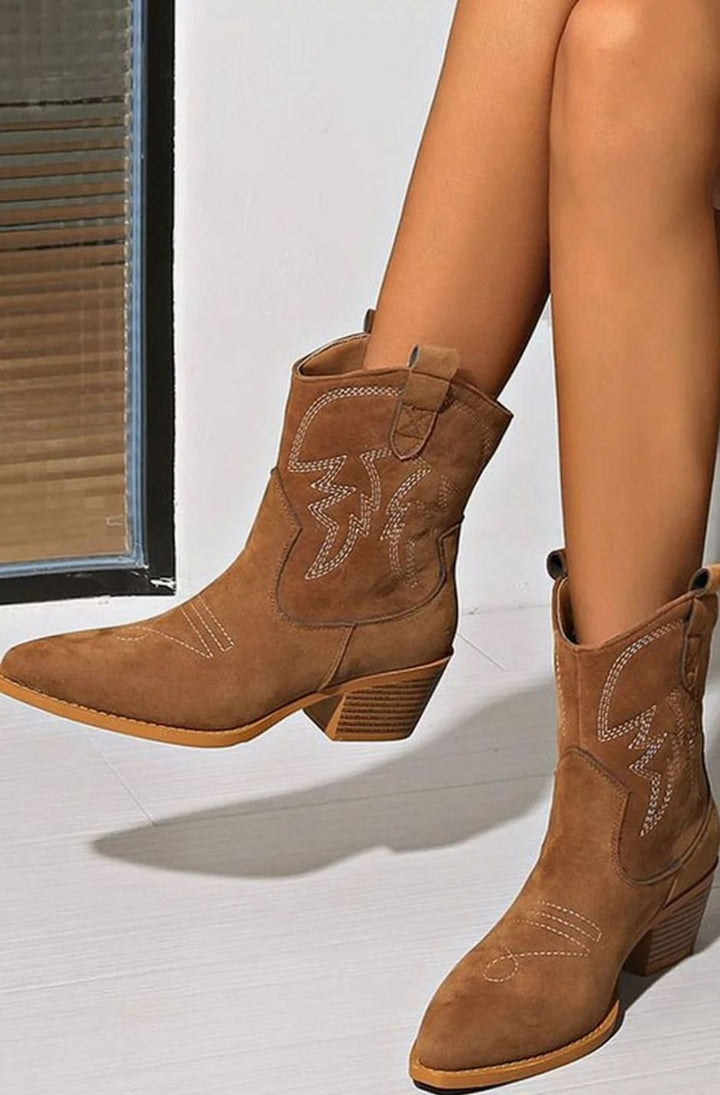 Women's Pointed-Toe Western-Stitch Block-Heel Ankle Boots