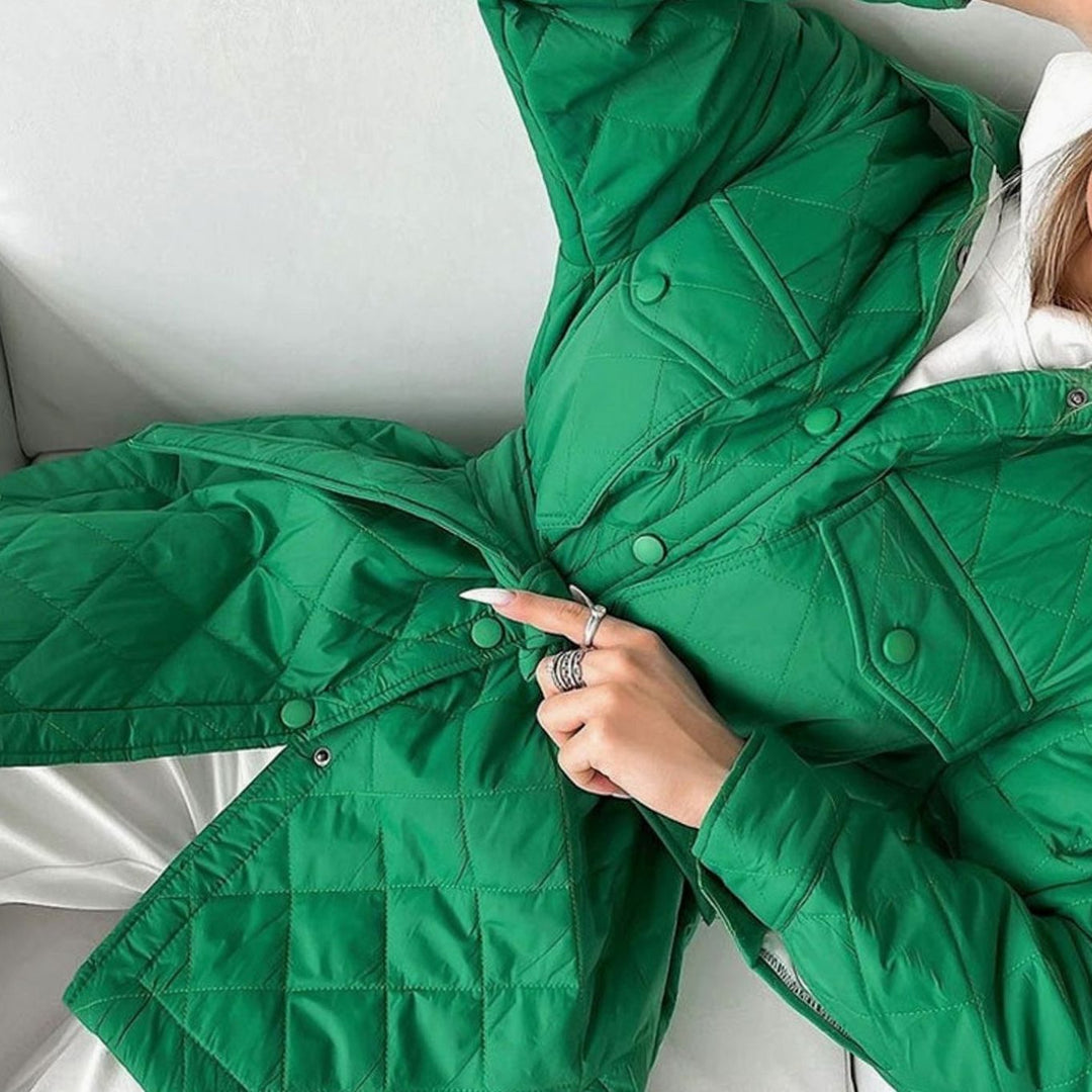 Women's Quilted Belted Padded Jacket Shirt - Green