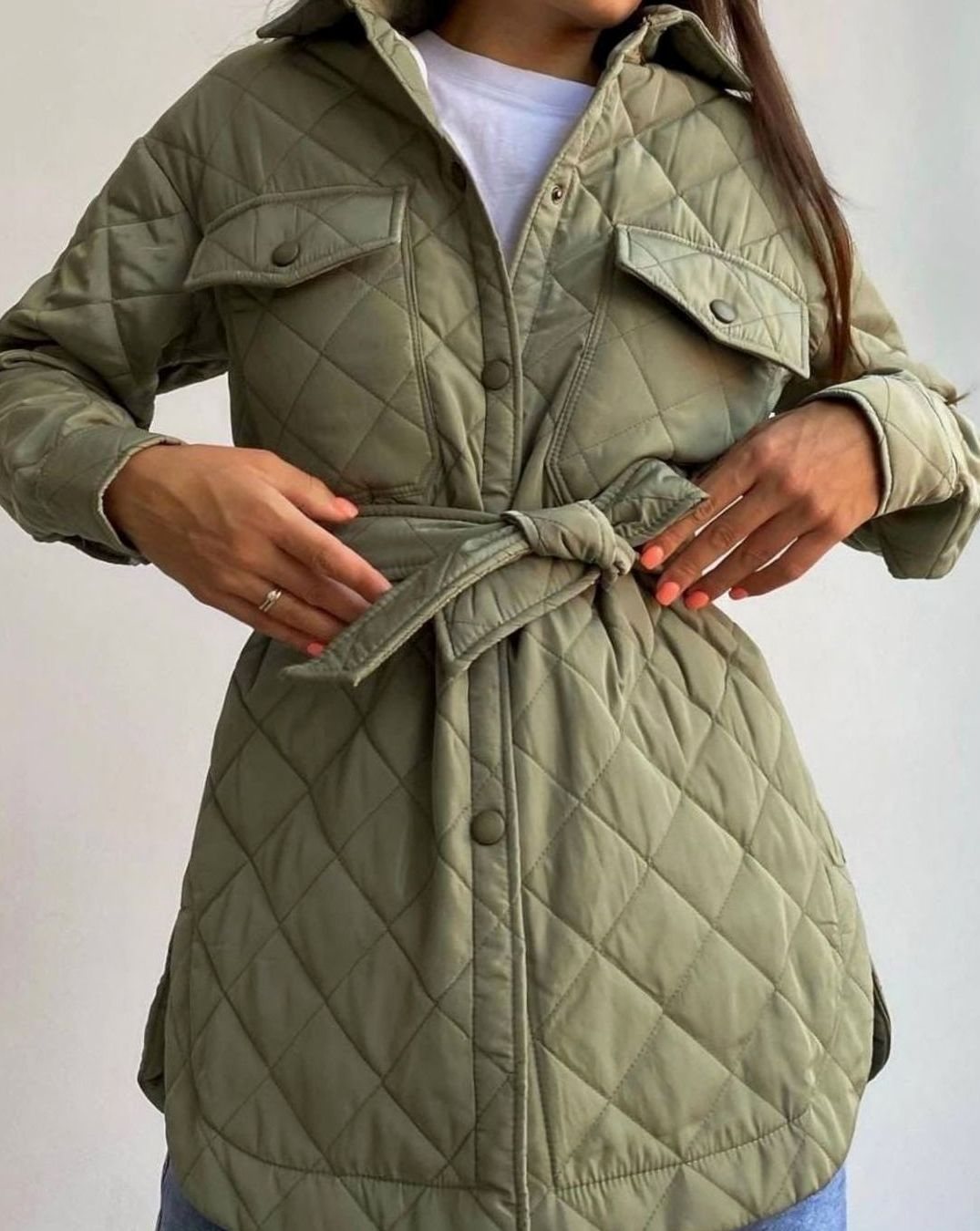 Women's Quilted Belted Padded Jacket Shirt - Olive Green
