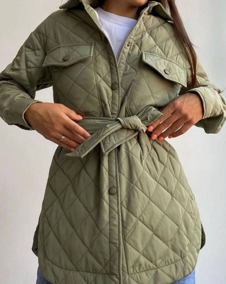 Women's Quilted Belted Padded Jacket Shirt - Olive Green