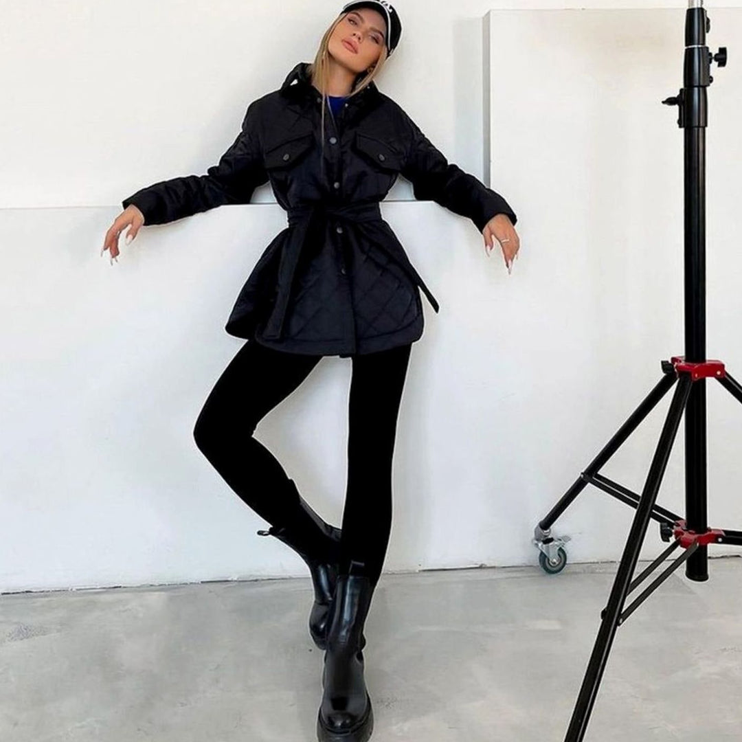 Women's Quilted Belted Padded Jacket Shirt - Black