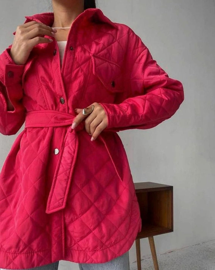 Women's Quilted Belted Padded Jacket Shirt - Pink Red