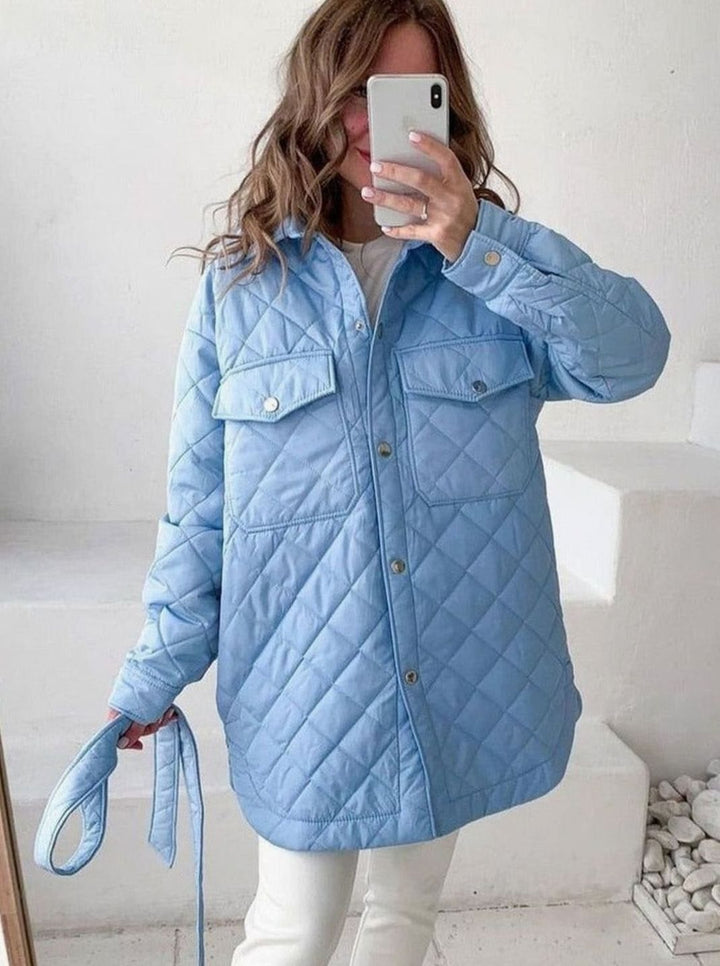 Women's Quilted Belted Padded Jacket Shirt - Sky Blue