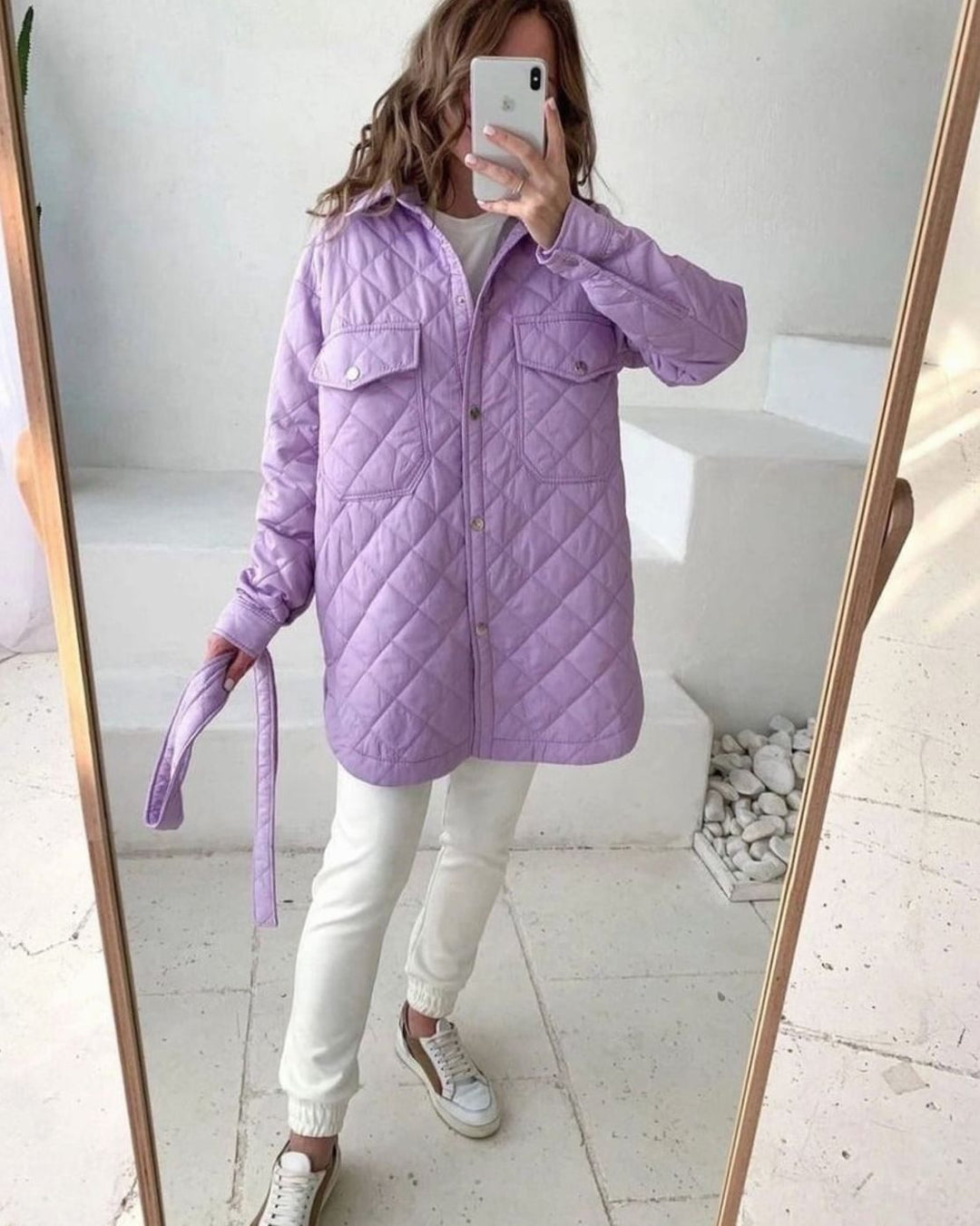 Women's Quilted Belted Padded Jacket Shirt - Purple