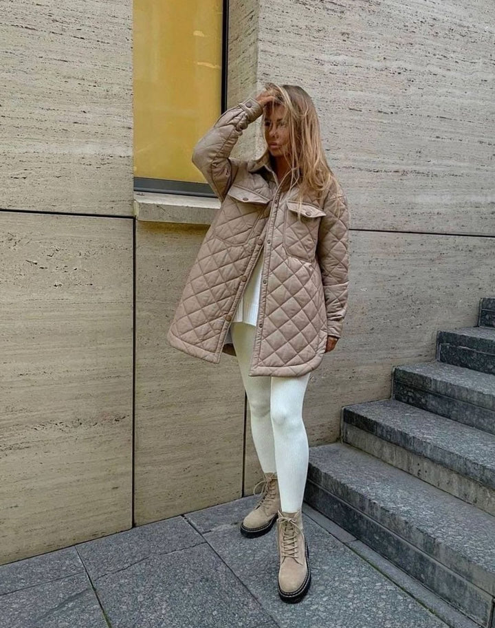 Women's Quilted Belted Padded Jacket Shirt - Beige