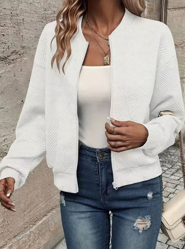 Women's Quilted Diamond-Textured Cropped Zip-Up Bomber Jacket - White
