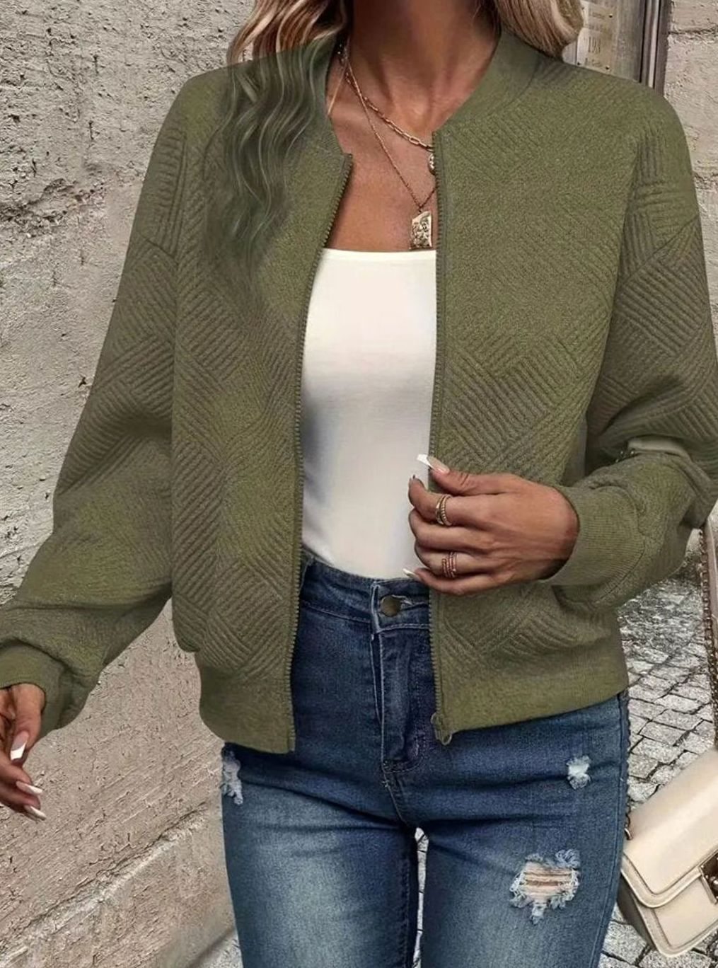 Women's Quilted Diamond-Textured Cropped Zip-Up Bomber Jacket - Olive Green