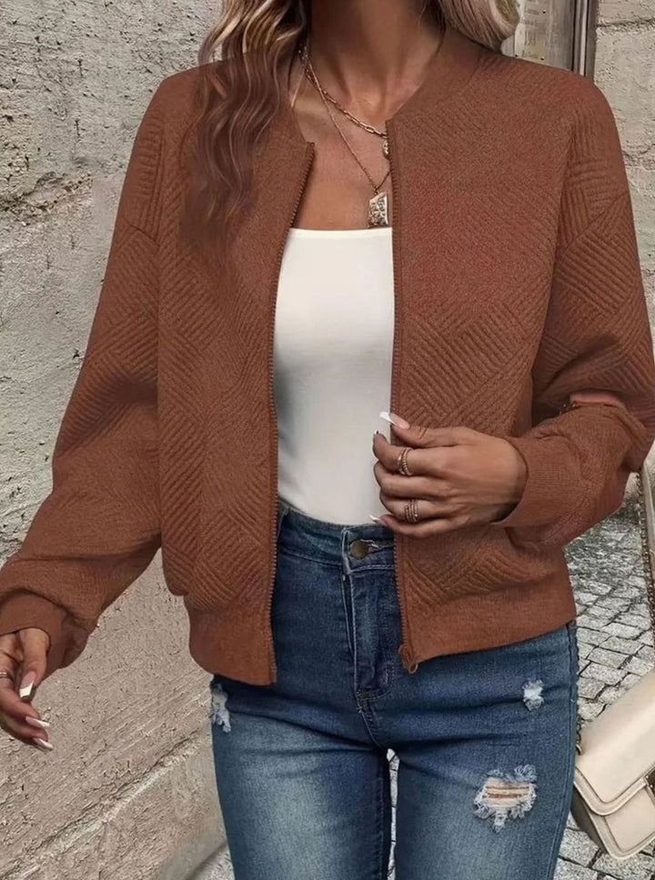 Women's Quilted Diamond-Textured Cropped Zip-Up Bomber Jacket - Dark Brown