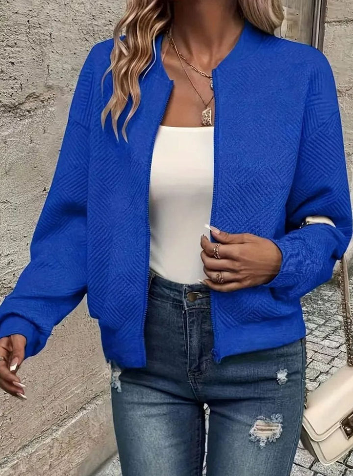 Women's Quilted Diamond-Textured Cropped Zip-Up Bomber Jacket - Blue