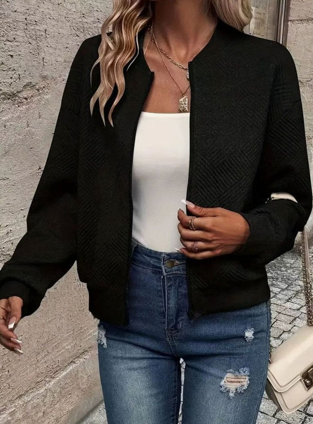 Women's Quilted Diamond-Textured Cropped Zip-Up Bomber Jacket - Black