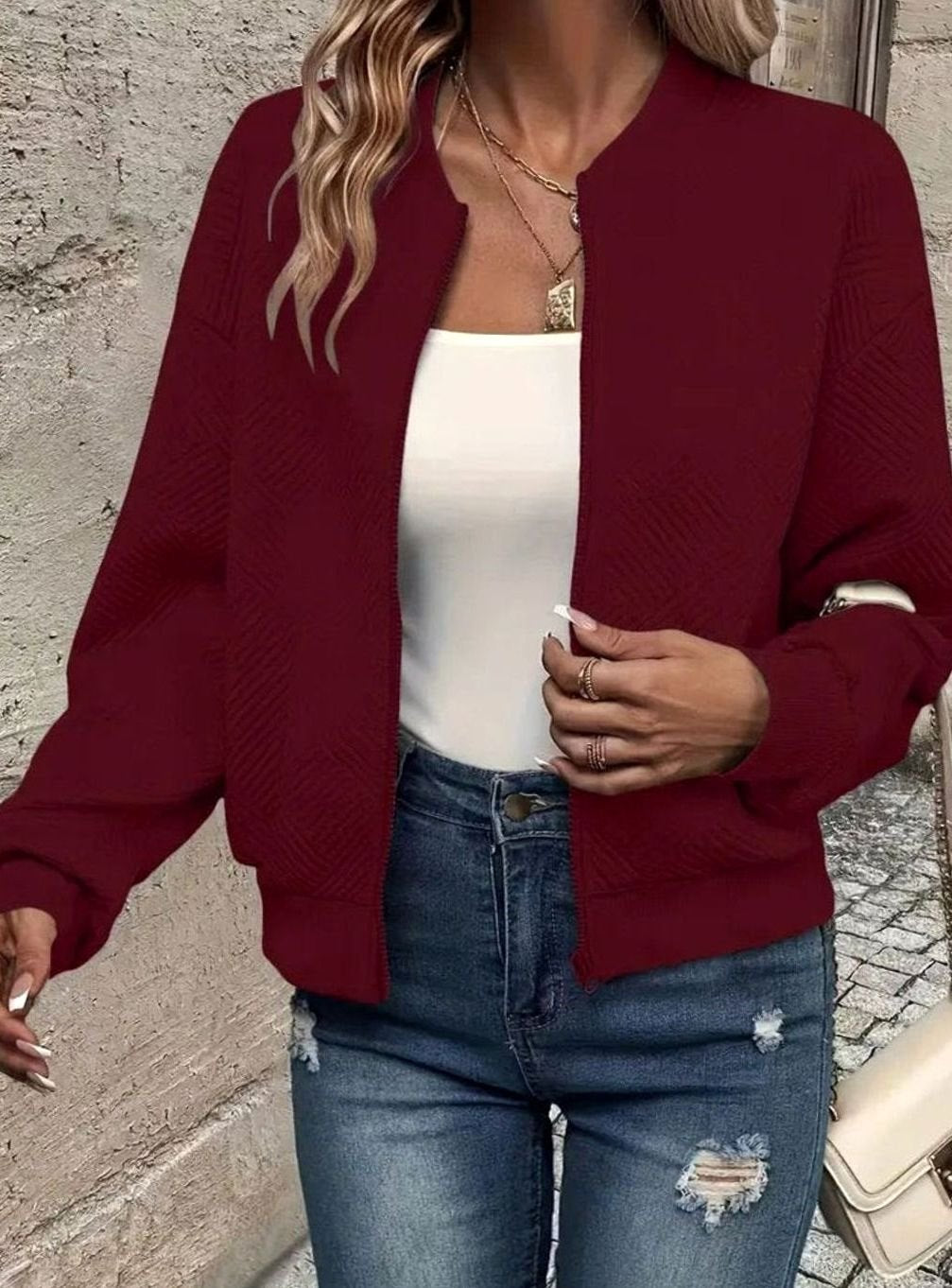 Women's Quilted Diamond-Textured Cropped Zip-Up Bomber Jacket - Dark Red