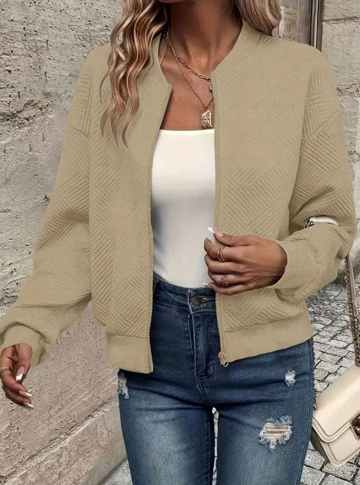 Women's Quilted Diamond-Textured Cropped Zip-Up Bomber Jacket - Khaki