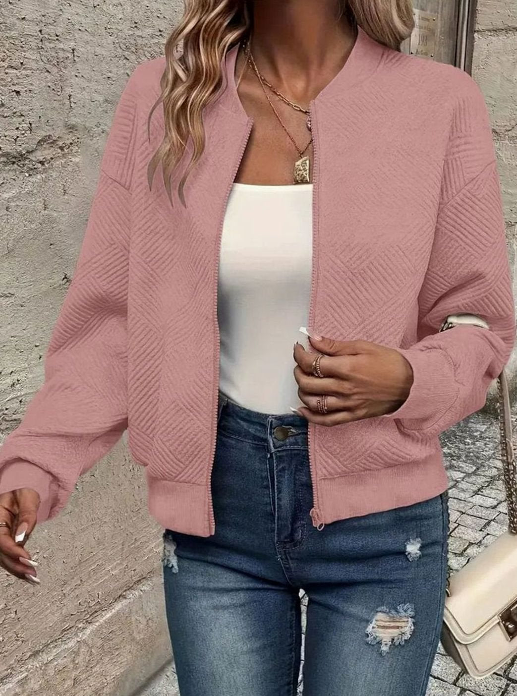 Women's Quilted Diamond-Textured Cropped Zip-Up Bomber Jacket - Pink