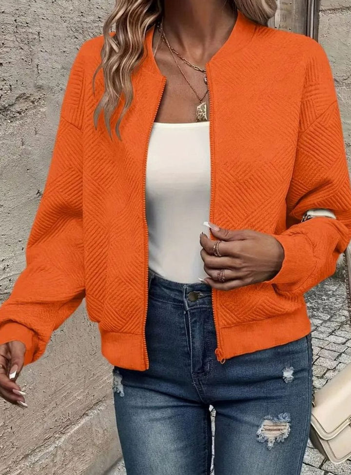 Women's Quilted Diamond-Textured Cropped Zip-Up Bomber Jacket - Orange